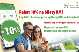 Grafika na temat promocji 10% rabatu na zakup biletów okresowych w aplikacji Kolei Mazowieckich