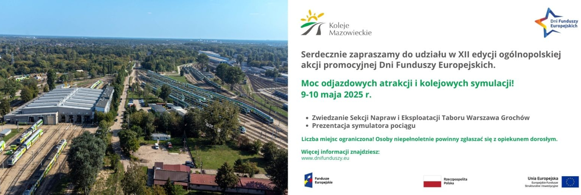 Grafika przedstawiająca Sekcję Napraw i Eksploatacji Taboru Warszawa Grochów oraz informacje dotyczące wydarzenia z okazji Dni Funduszy Europejskich