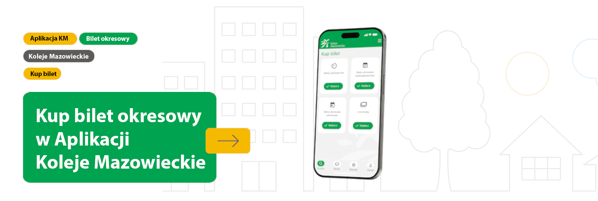 Reklama aplikacji, rzut ekranu komórki, na której wyświetla się strona startowa z aplikacji Koleje Mazowieckie